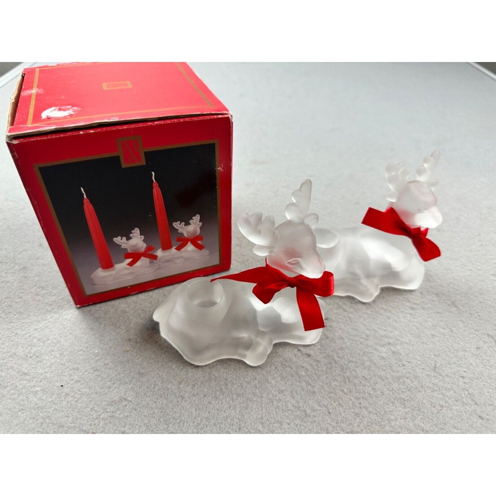 VTG Madison Avenue Set of 2‎ Frosted Reindeer Candle Holders w Red Ribbon NIB!